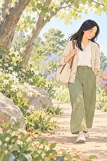Illustration of a mother and school-age child walking side by side on a leafy path, talking warmly, parent keeping supportive role