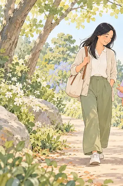Illustration of a mother and school-age child walking side by side on a leafy path, talking warmly, parent keeping supportive role