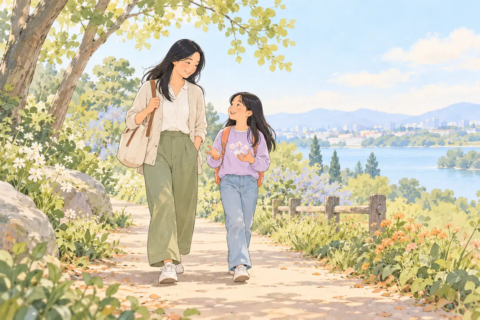 Illustration of a mother and school-age child walking side by side on a leafy path, talking warmly, parent keeping supportive role