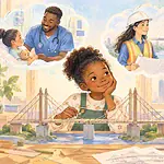 Illustration of a girl investigating a large model bridge with a male nurse and female engineer illustrated in separate future-career thought vignettes