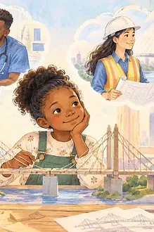 Illustration of a girl investigating a large model bridge with a male nurse and female engineer illustrated in separate future-career thought vignettes