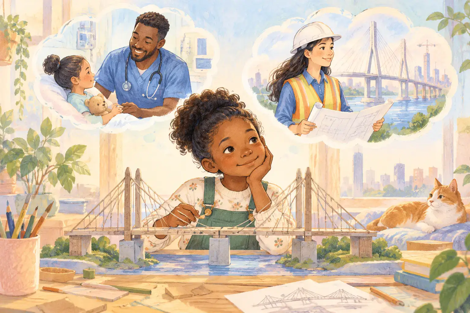 Illustration of a girl investigating a large model bridge with a male nurse and female engineer illustrated in separate future-career thought vignettes