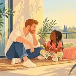 Illustration of a father sitting low beside a child on a balcony, listening with a relaxed attentive expression, generous quiet space around them, plant shadows