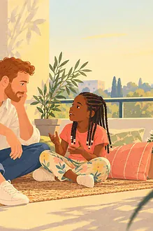Illustration of a father sitting low beside a child on a balcony, listening with a relaxed attentive expression, generous quiet space around them, plant shadows