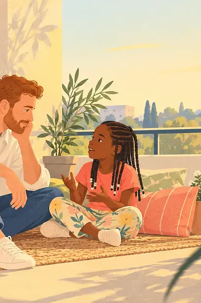 Illustration of a father sitting low beside a child on a balcony, listening with a relaxed attentive expression, generous quiet space around them, plant shadows