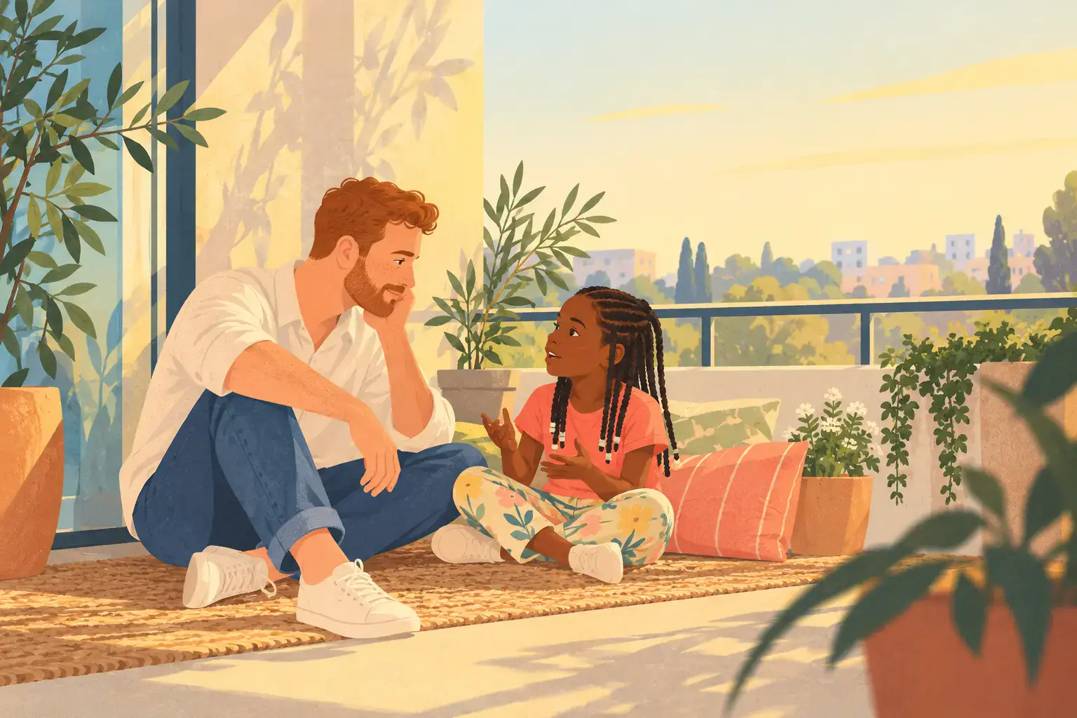 Illustration of a father sitting low beside a child on a balcony, listening with a relaxed attentive expression, generous quiet space around them, plant shadows