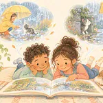 Illustration of two children reading a large open storybook