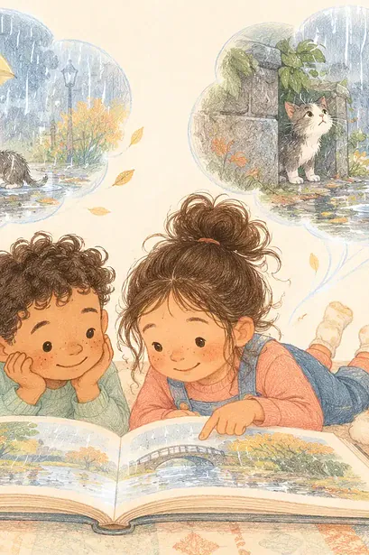 Illustration of two children reading a large open storybook