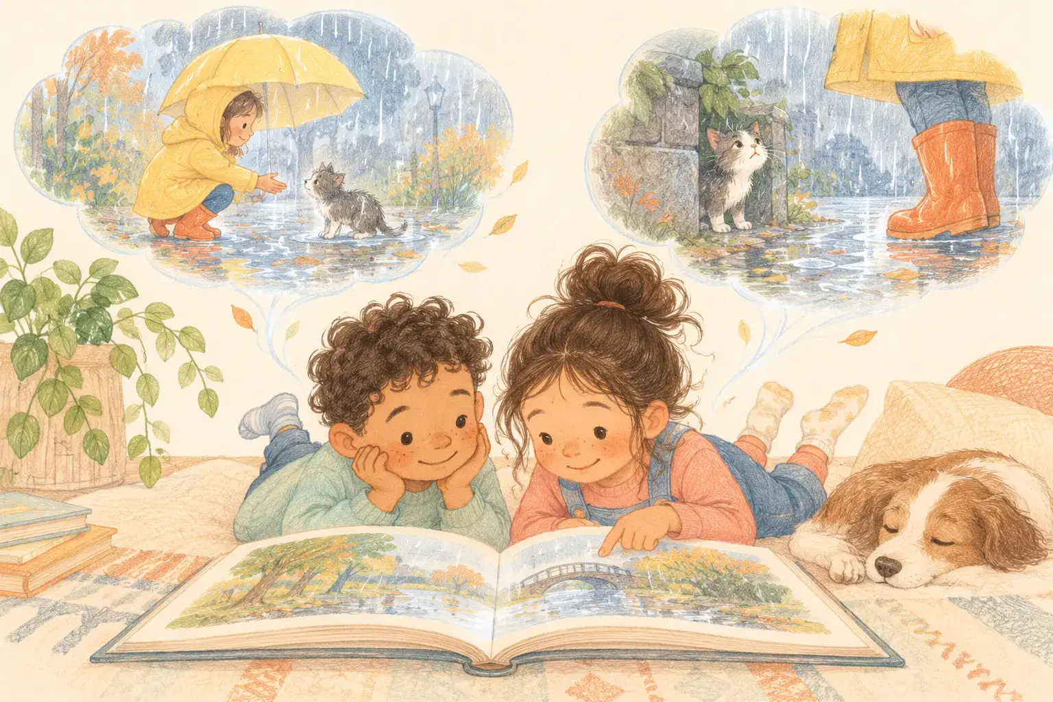 Illustration of two children reading a large open storybook