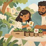 Illustration of a child planning a pretend neighbourhood seedling stall with caregiver, small pots and blank picture price tags, emphasis on ideas and responsible learning, no currency text