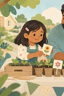 Illustration of a child planning a pretend neighbourhood seedling stall with caregiver, small pots and blank picture price tags, emphasis on ideas and responsible learning, no currency text