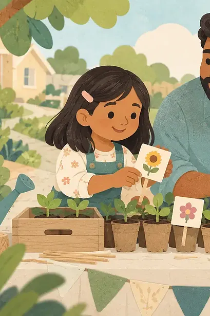 Illustration of a child planning a pretend neighbourhood seedling stall with caregiver, small pots and blank picture price tags, emphasis on ideas and responsible learning, no currency text