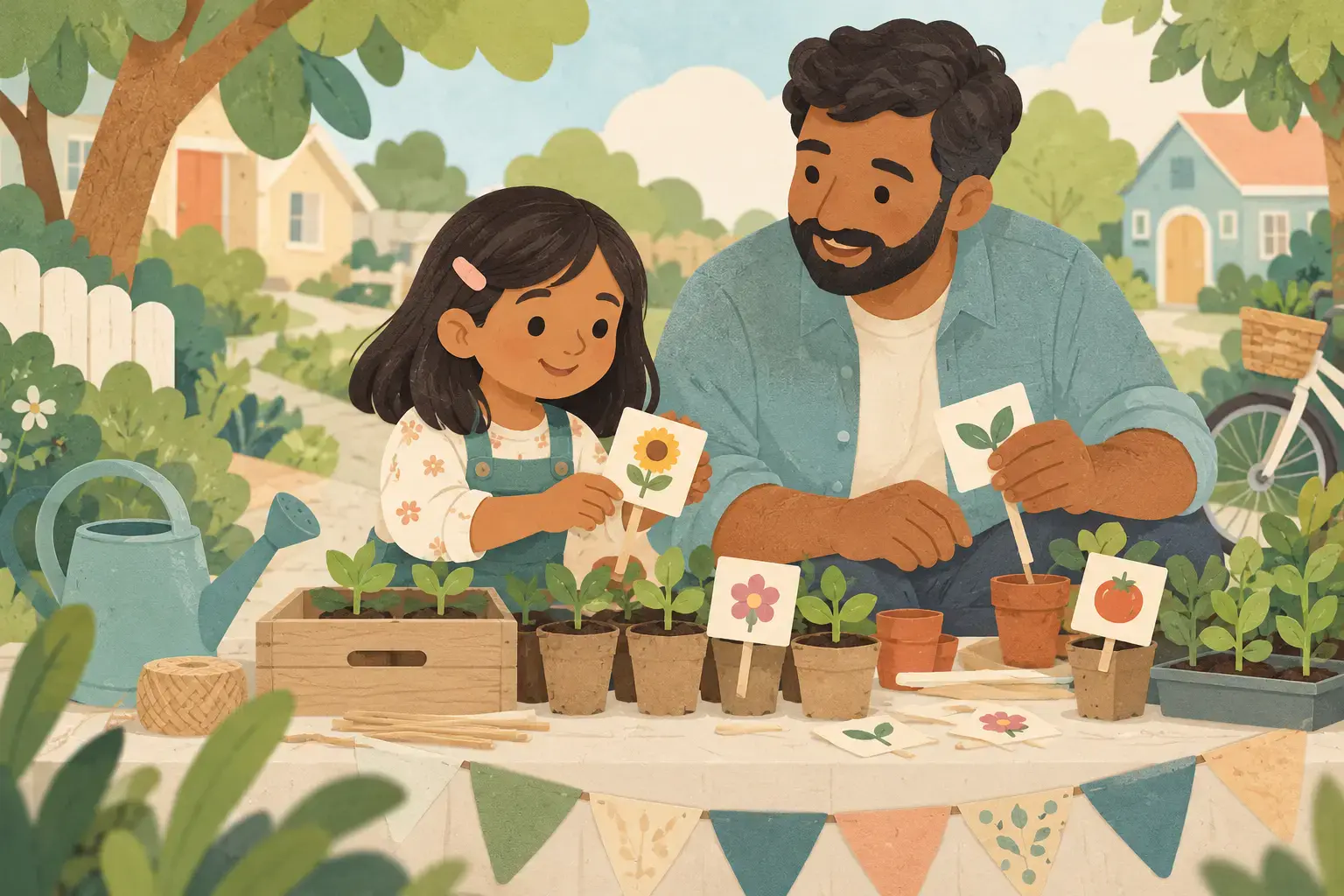 Illustration of a child planning a pretend neighbourhood seedling stall with caregiver, small pots and blank picture price tags, emphasis on ideas and responsible learning, no currency text
