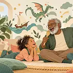 Illustration of two children and a grandfather laughing while inventing a story from a wooden spoon that becomes an imaginary microphone