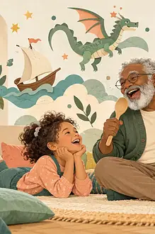 Illustration of two children and a grandfather laughing while inventing a story from a wooden spoon that becomes an imaginary microphone