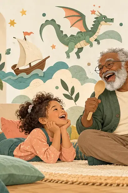Illustration of two children and a grandfather laughing while inventing a story from a wooden spoon that becomes an imaginary microphone