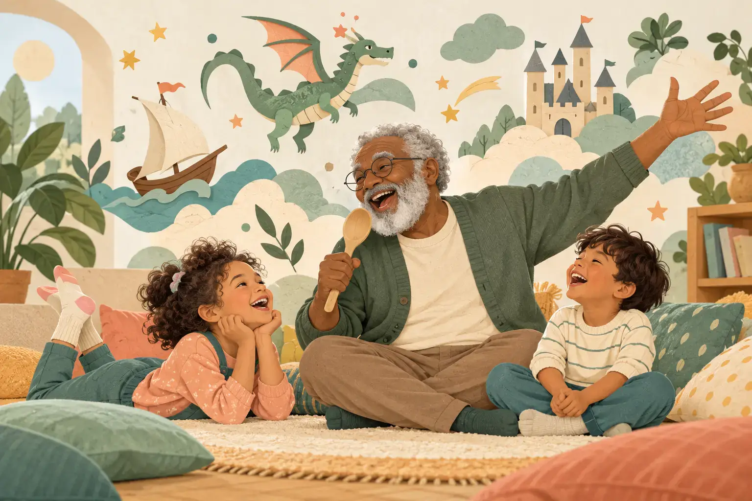 Illustration of two children and a grandfather laughing while inventing a story from a wooden spoon that becomes an imaginary microphone