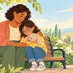 Illustration of a caregiver sitting quietly beside a grieving child on a garden bench, child holding a familiar soft toy, comfortable closeness without forced smiles