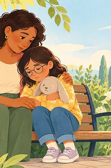 Illustration of a caregiver sitting quietly beside a grieving child on a garden bench, child holding a familiar soft toy, comfortable closeness without forced smiles