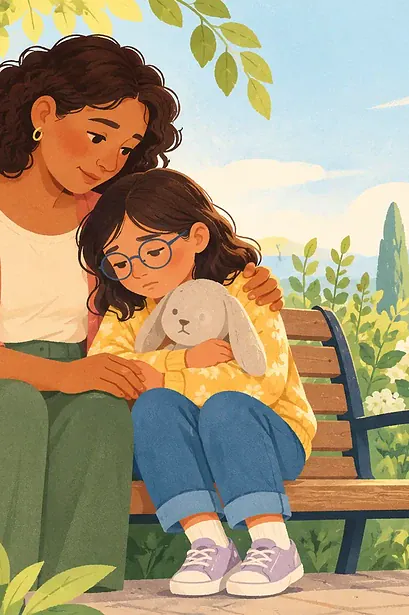 Illustration of a caregiver sitting quietly beside a grieving child on a garden bench, child holding a familiar soft toy, comfortable closeness without forced smiles