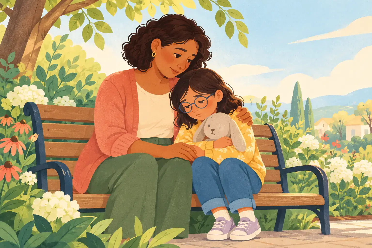 Illustration of a caregiver sitting quietly beside a grieving child on a garden bench, child holding a familiar soft toy, comfortable closeness without forced smiles