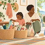 Illustration of children and caregiver safely sorting clean reusable bags and bottles into broad baskets, choosing a cloth bag for a walk, no sharp or hazardous rubbish