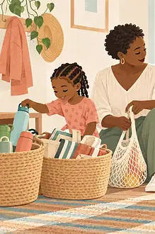 Illustration of children and caregiver safely sorting clean reusable bags and bottles into broad baskets, choosing a cloth bag for a walk, no sharp or hazardous rubbish