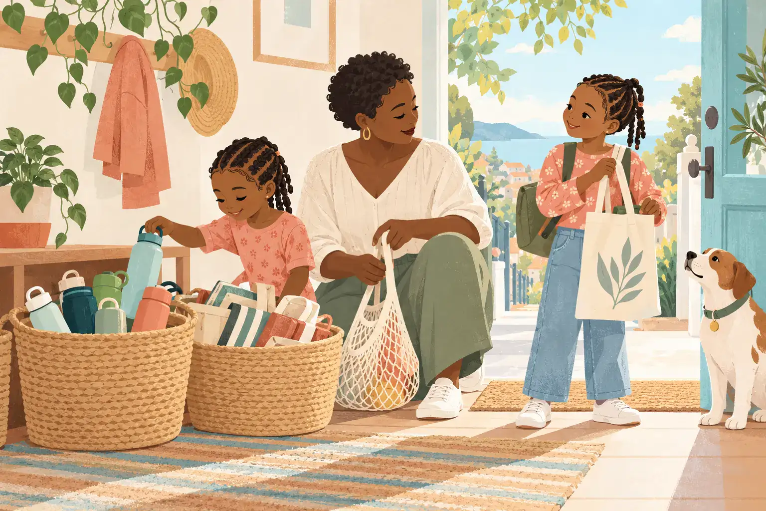 Illustration of children and caregiver safely sorting clean reusable bags and bottles into broad baskets, choosing a cloth bag for a walk, no sharp or hazardous rubbish