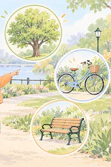 Illustration of a child and grandparent on a gentle noun-spotting walk, noticing a dog, tree, bicycle and bench