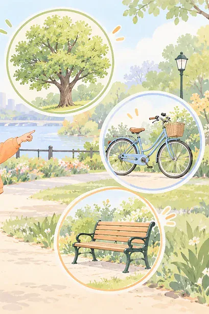 Illustration of a child and grandparent on a gentle noun-spotting walk, noticing a dog, tree, bicycle and bench