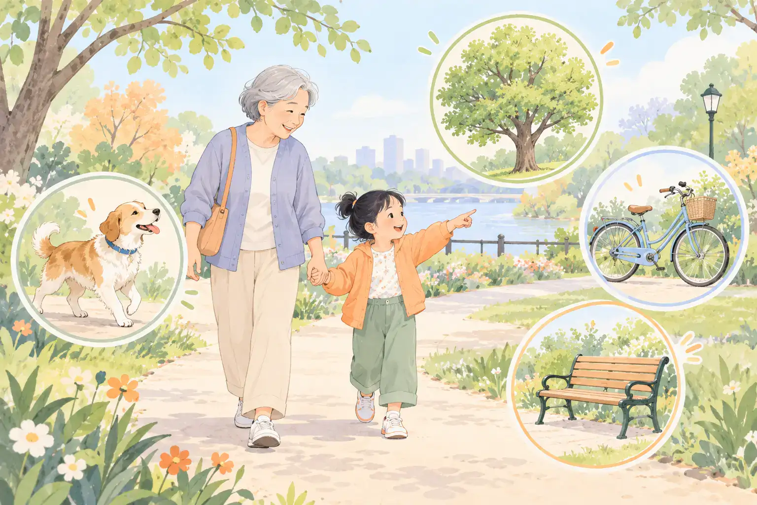 Illustration of a child and grandparent on a gentle noun-spotting walk, noticing a dog, tree, bicycle and bench