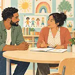 Illustration of a father and teacher seated at a round classroom table, listening together over a simple notebook, child artwork in background
