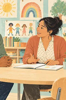 Illustration of a father and teacher seated at a round classroom table, listening together over a simple notebook, child artwork in background