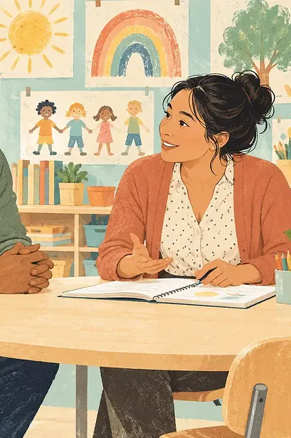 Illustration of a father and teacher seated at a round classroom table, listening together over a simple notebook, child artwork in background