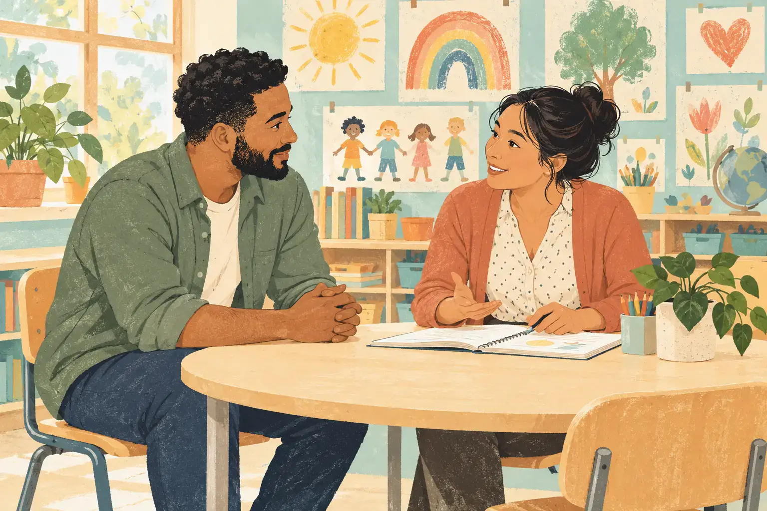 Illustration of a father and teacher seated at a round classroom table, listening together over a simple notebook, child artwork in background