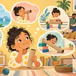Illustration of a child imagining five playful uses for an ordinary cardboard tube: telescope, pretend trumpet, bridge, puppet and marble-free rolling ramp