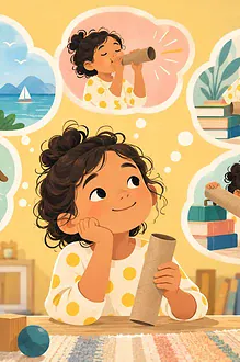 Illustration of a child imagining five playful uses for an ordinary cardboard tube: telescope, pretend trumpet, bridge, puppet and marble-free rolling ramp