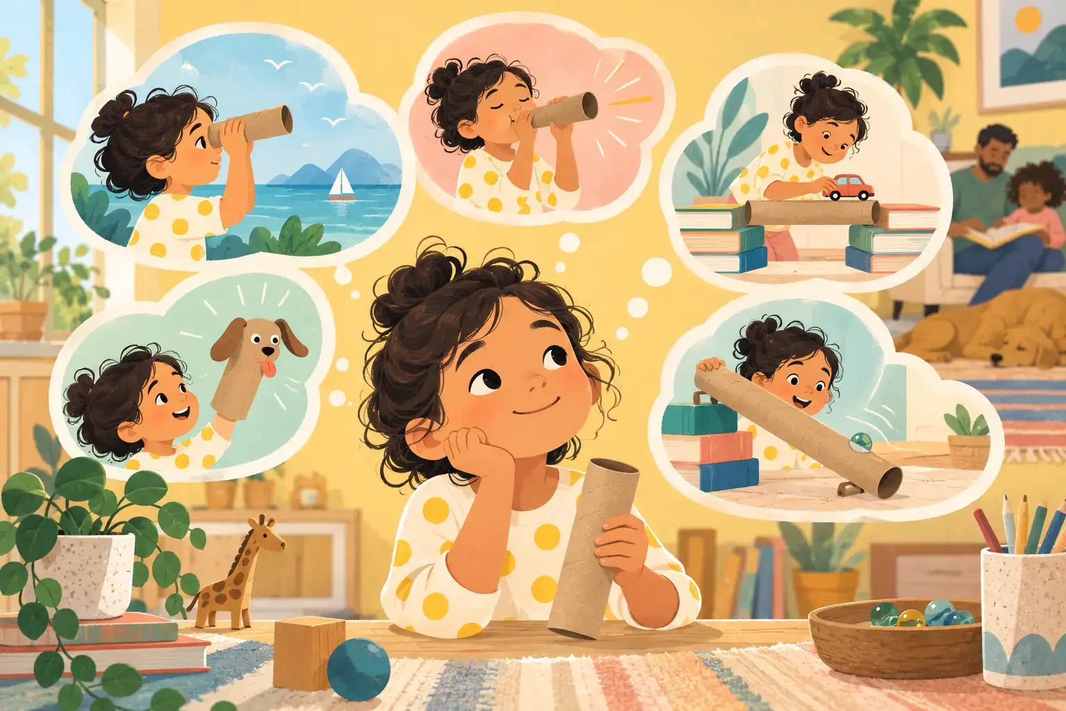 Illustration of a child imagining five playful uses for an ordinary cardboard tube: telescope, pretend trumpet, bridge, puppet and marble-free rolling ramp