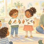 Illustration of two children acting out a grammar game, one holding a picture of a single bird and another a picture of several birds, teacher nearby