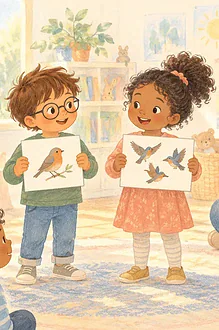 Illustration of two children acting out a grammar game, one holding a picture of a single bird and another a picture of several birds, teacher nearby