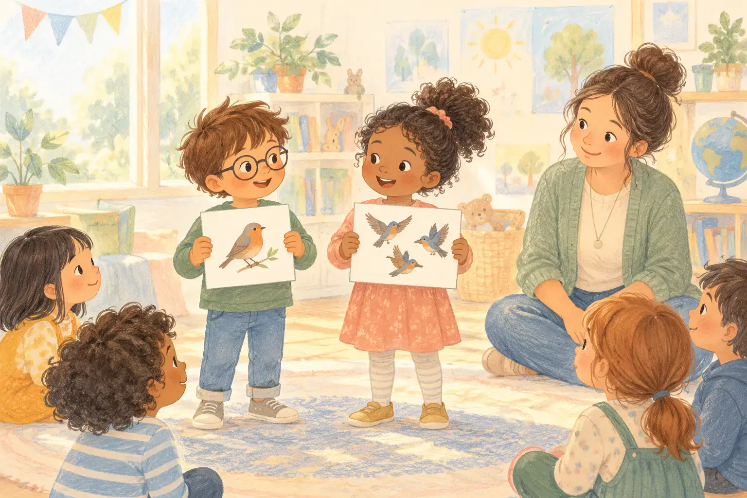 Illustration of two children acting out a grammar game, one holding a picture of a single bird and another a picture of several birds, teacher nearby