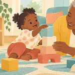 Illustration of close-up of adult and toddler hands building a short tower of large soft blocks on a rug, delight in an ordinary shared moment