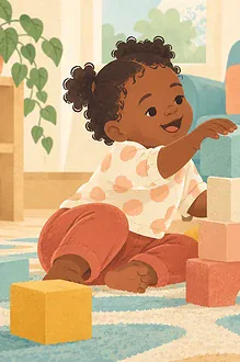 Illustration of close-up of adult and toddler hands building a short tower of large soft blocks on a rug, delight in an ordinary shared moment