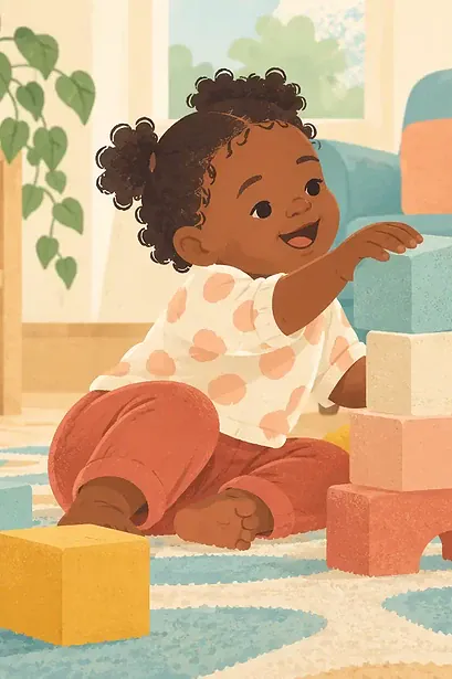 Illustration of close-up of adult and toddler hands building a short tower of large soft blocks on a rug, delight in an ordinary shared moment