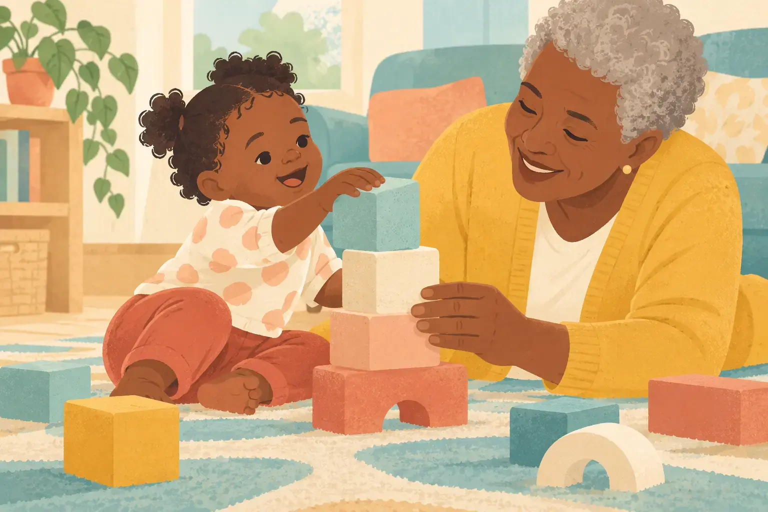 Illustration of close-up of adult and toddler hands building a short tower of large soft blocks on a rug, delight in an ordinary shared moment