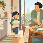 Illustration of child finishing a simple household task while caregiver notices their effort, shared table ready for a meal, no prizes or reward bribes