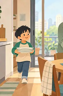 Illustration of child finishing a simple household task while caregiver notices their effort, shared table ready for a meal, no prizes or reward bribes