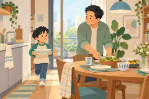 Illustration of child finishing a simple household task while caregiver notices their effort, shared table ready for a meal, no prizes or reward bribes