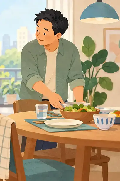 Illustration of child finishing a simple household task while caregiver notices their effort, shared table ready for a meal, no prizes or reward bribes