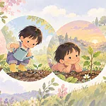 Illustration of three small scenes of a child planting, watering and observing a sprout across time, softly overlapping circular vignettes